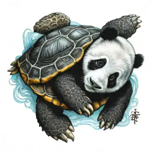 baby panda on the black of a sea turtle swimming tattoo design idea