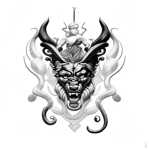 a scene based on the characters of Greek mythology, Hercules and Cerberus, in which Hercules is in the underworld fighti tattoo design idea