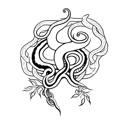 A minimalist tattoo of a snake forming into the shape of a dagger, with delicate vines wrapping around it. tattoo design idea