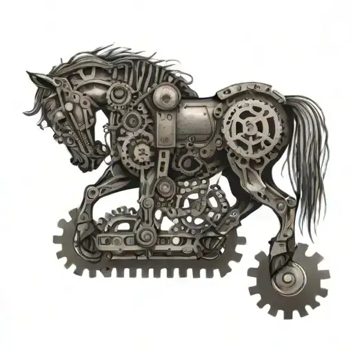 A mechanical horse made of gears and cogs with bike chains wrapping around its legs tattoo design idea