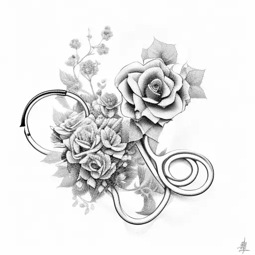 A nurse's stethoscope intertwined with a vine of flowers tattoo design idea