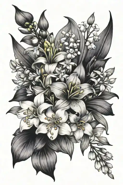 bouquet of lily of the valley, gladiolus, cosmos, asters tattoo design idea