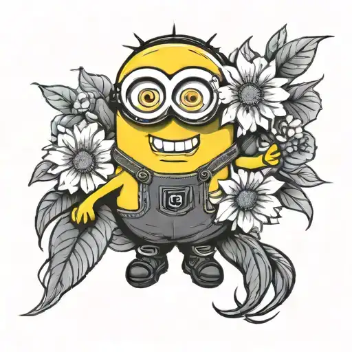 minion with magrite flower tattoo design idea