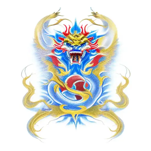 golden dragon fight blue lion in red fire tattoo design idea