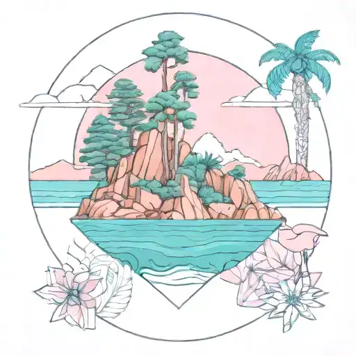 tropical island with hoop pines and kapok flowers growing out of pink granite mountains surrounded by a turquoise sea tattoo design idea