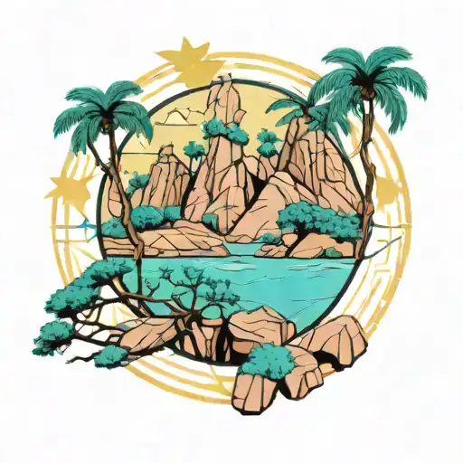 tropical island hoop pines and yellow kapok flowers growing out of pink granite mountains surrounded by a turquoise sea tattoo design idea