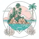 tropical island with hoop pines and kapok flowers growing out of pink granite mountains surrounded by a turquoise sea tattoo design idea