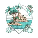 tropical island with hoop pines and kapok flowers growing out of pink granite mountains surrounded by a turquoise sea tattoo design idea