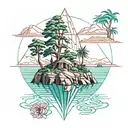 tropical island with hoop pines and kapok flowers growing out of pink granite mountains surrounded by a turquoise sea tattoo design idea