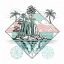 tropical island with hoop pines and kapok flowers growing out of pink granite mountains surrounded by a turquoise sea tattoo design idea
