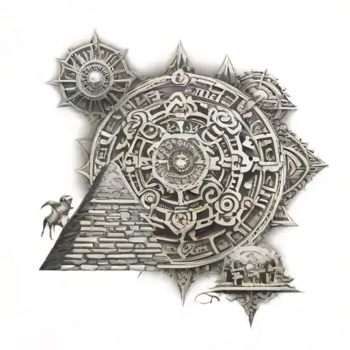 aztec calendar and pyramid tattoo design idea