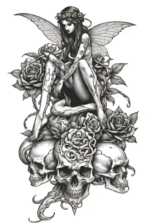 nude fairy sitting on a skull  tattoo design idea