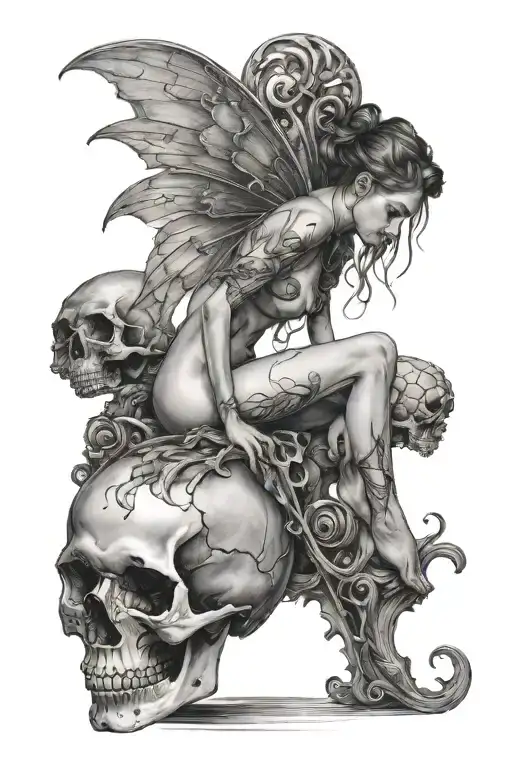 nude fairy sitting on top of a human skull  tattoo design idea