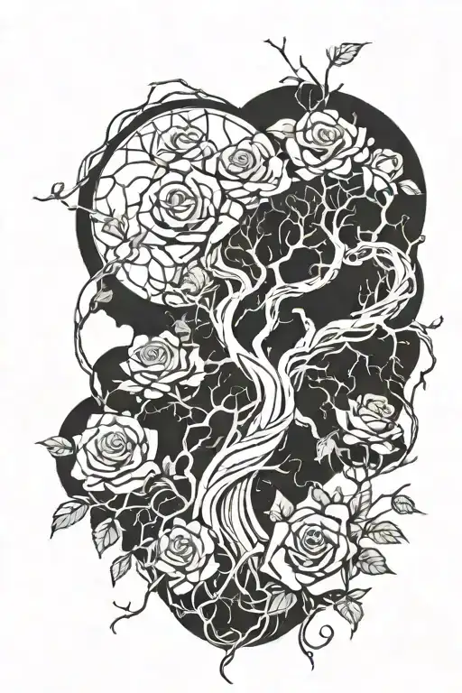 leafless tree intertwined with vines clouds and roses tattoo design idea