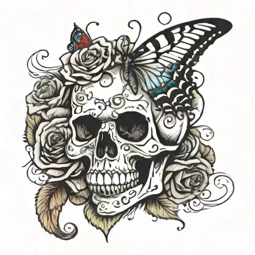 skull with rose in mouth and a butterfly on the rose with the words amor de la luna tattoo design idea
