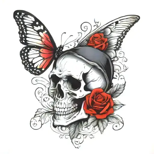 skull with rose in mouth and a butterfly on the rose with the word amor  tattoo design idea