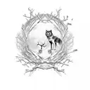 A family tree with musical instruments as branches, with a wolf and an owl perched on the branches tattoo design idea
