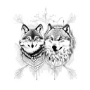 A family tree with musical instruments as branches, with a wolf and an owl perched on the branches tattoo design idea