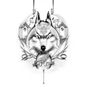 A family tree with musical instruments as branches, with a wolf and an owl perched on the branches tattoo design idea