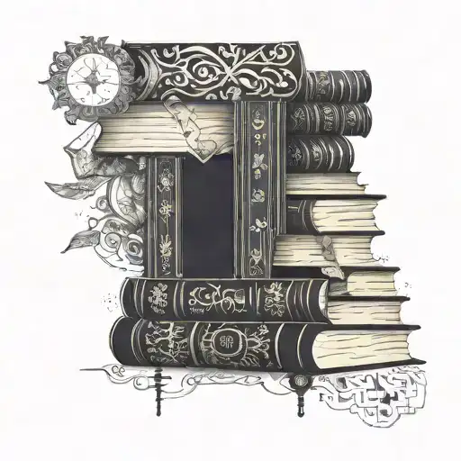 A stack of books with intricate designs on the spines, representing the actor's love for storytelling and the diverse characters they portray tattoo design idea