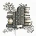 A stack of books with intricate designs on the spines, representing the actor's love for storytelling and the diverse characters they portray tattoo design idea