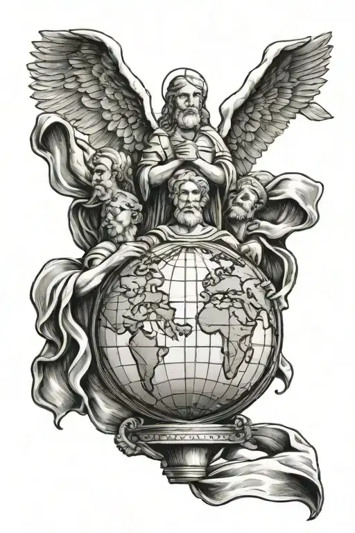 Trophy With three Saints Holding Up The Globe with the words us against the world over the globe tattoo design idea