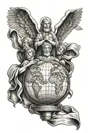 Trophy With three Saints Holding Up The Globe with the words us against the world over the globe tattoo design idea