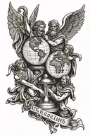 Trophy With three Saints Holding Up The Globe with the words us against the world over the globe tattoo design idea