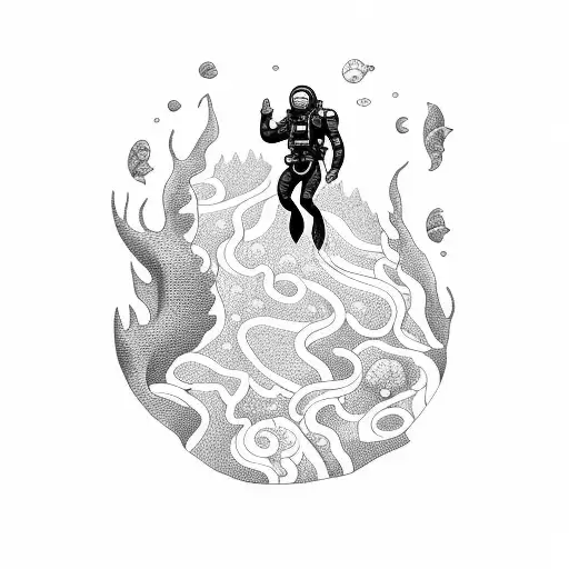 An intricate blackwork tattoo of a deep-sea diver exploring a hidden underwater mountain range. tattoo design idea