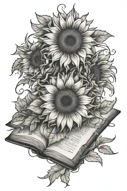 open book sunflowers blooming tattoo design idea