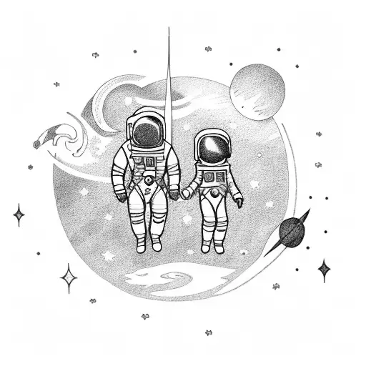 An astronaut holding hands with his family in space tattoo design idea