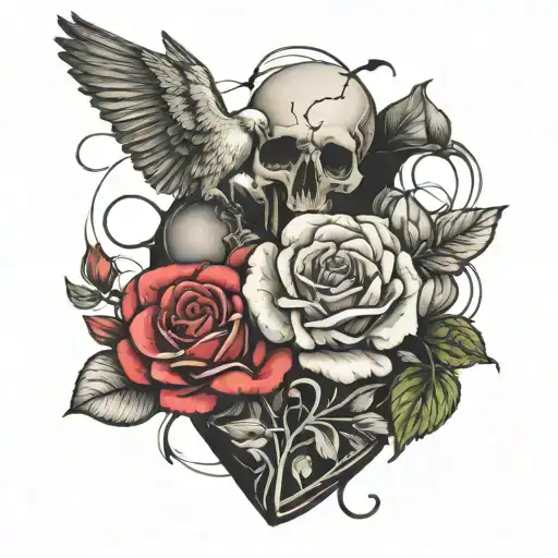 heart beat line with death date and birthday year and Lotse flower with dove  tattoo design idea