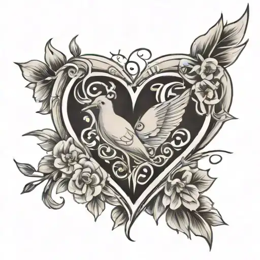 heart beat line with death date and birthday year and Lotse flower with dove  tattoo design idea