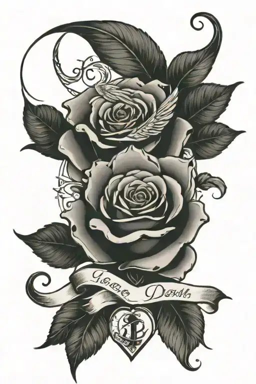 heart beat line with death date and birth date with a rose and dove  tattoo design idea