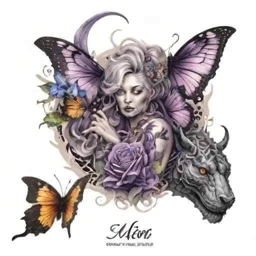 mum on the forearm tattoo with purple butterflies around, and dad on the opposite side of arm with dragon going through, tattoo design idea