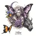 mum on the forearm tattoo with purple butterflies around, and dad on the opposite side of arm with dragon going through, tattoo design idea