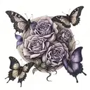 mum on the forearm tattoo with purple butterflies around, and dad on the opposite side of arm with dragon going through, tattoo design idea