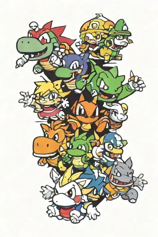 A Paper Mario collage with Mario, Luigi, Peach, Bowser, Link, Zelda, Bulbasaur, Charmander, Schiggy, Gengar tattoo design idea