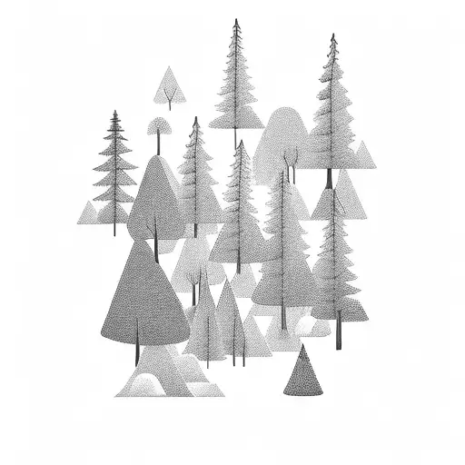 A minimalist forest landscape with a hidden silhouette of a family tattoo design idea
