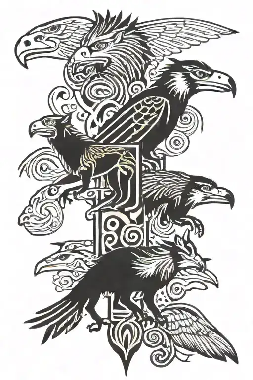 totem pole with an eagle, warthog, moose, chamois, fox, golden eagle, horse tattoo design idea