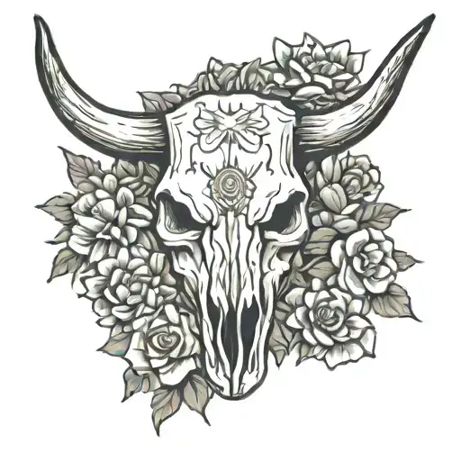 bull skull surrounded by texas flowers and cactus tattoo design idea