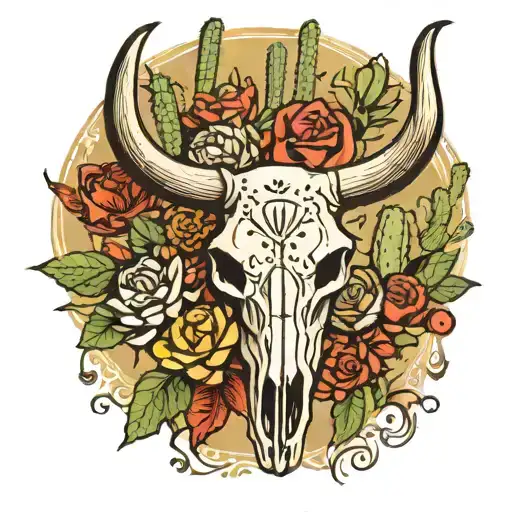 bull skull surrounded by texas flowers and cactus tattoo design idea
