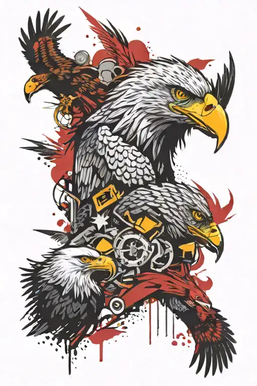 totem pole with a bald eagle, warthog, moose, chamois, fox, golden eagle, horse tattoo design idea