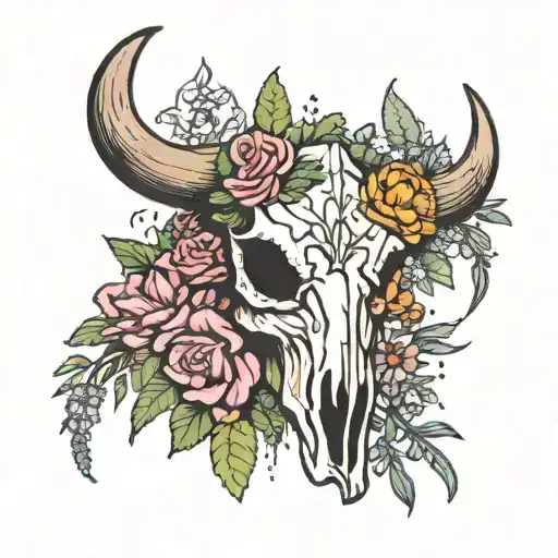 bull skull surrounded by texas flowers and cactus tattoo design idea