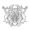 A minimalist design of a medieval sword crossed with a blooming oster blumen flower tattoo design idea