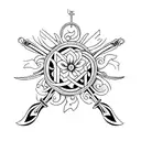 A minimalist design of a medieval sword crossed with a blooming oster blumen flower tattoo design idea