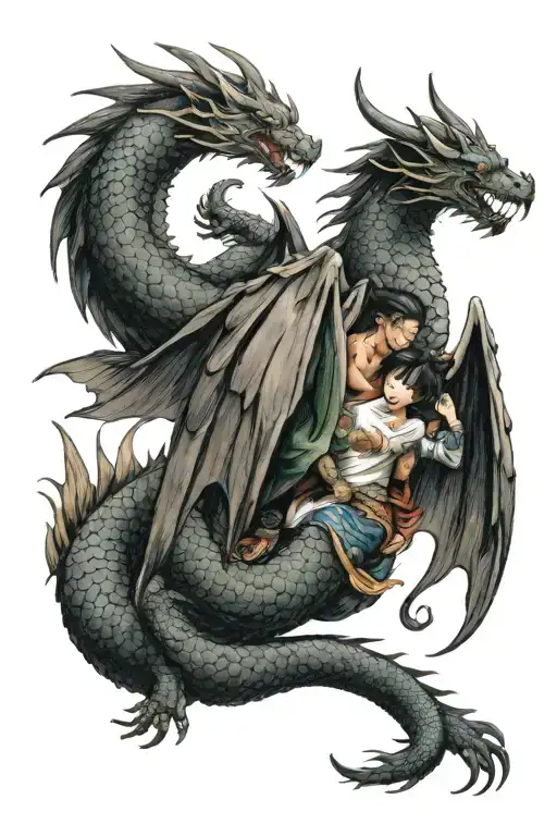 dragon protecting a naughty angel hugging his front leg tattoo design idea