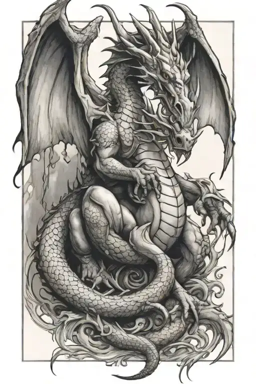 dragon protecting a naughty angel tattoo design idea