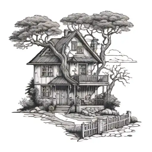 a house with a tree in front, this house has to be a humble house, in a neighborhood in the suburbs of Argentina tattoo design idea