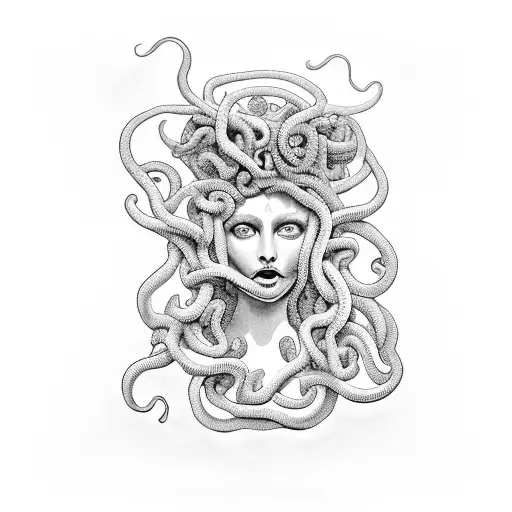 Medusa: Positioned as the central figure, with an imposing and powerful presence and her expression should convey domina tattoo design idea